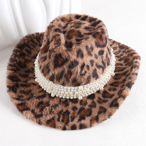 ZhenXi Sombrero de vaquero de felpa con estampado de leopardo y banda de perlas M56-58cm, sombrero cálido para otoño e invierno para hombres y mujeres - Product Image 1