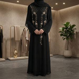Abaya de Fibra de Poliéster Negra para Eventos Formales/Nocturnos con Bordado Elegante, Cuello Alto y Silueta Recta - Product Image 2