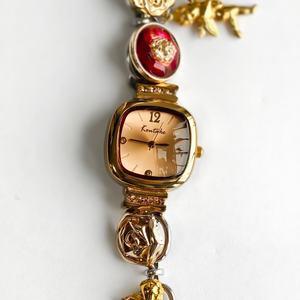 Charm <b>Bracelet</b> Watch | Retro Red Tone Enamel Floral Detail <b>Ruby</b> Rhinestone Handmade Beaded Women's Fashion Quartz Movement Water - Product Image 4