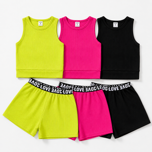 Sporty Activewear <strong>Neon</strong> Bright Colors Ribbed Fabric Cropped Tank Top Letter Print Elastic Waistband Girl Customize <strong>Kids</strong> <strong>Clothes</strong> - Product Image 2