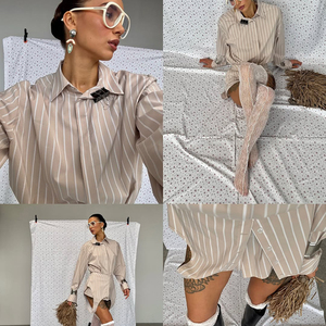 Nuovo Design 2026: Set 2 Pezzi Estivo Casual da <span class=keywords><strong>Donna</strong></span> con Corsetto a Righe Stampato e Camicia a Maniche Lunghe - Product Image 3