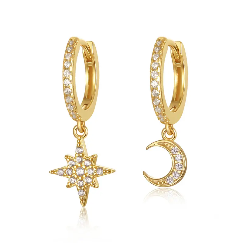 Fashion 925 Sterling Silver INS Cute Minimalist Moon and Star Gold Plated Hoop Huggies Earring jewelry for Women