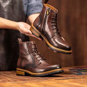 Botas de Cuero Hechas a Mano Impermeables de Moda Otoñal, Parte Superior de Piel de Vaca, Transpirables, Antideslizantes, con Aumento de Altura, Talla Grande, para Hombre de Negocios - Product Image 1