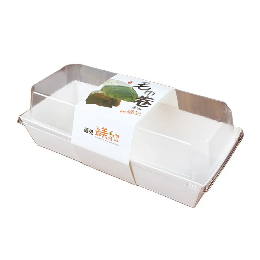 Caja de bandeja de papel blanco larga rectangular personalizada con tapa de plástico transparente banda para el vientre para rollo de crepé suizo Mochi pastelería
