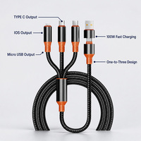 Câble de charge tressé en nylon 100W un-vers-trois, sortie USB-C, iOS, Micro USB, charge rapide, 1,2 m