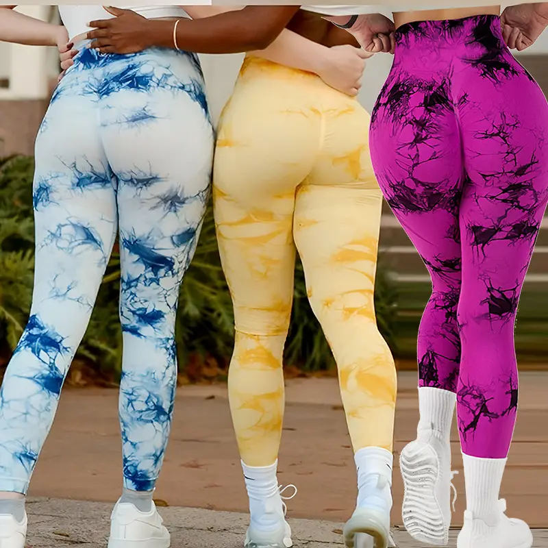 Atacado Mulheres Leggings de Fitness Tie Dye Seamless Colorido Cintura Alta Peach Hip Scrunch Butt Lifting Sports Yoga Calças