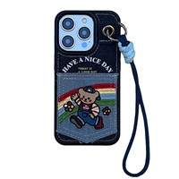 Tschick mignon denim tissu brodé ours en peluche portefeuille étui de téléphone adapté pour iPhone 16 15 14 13 Pro Max lanière couverture arrière