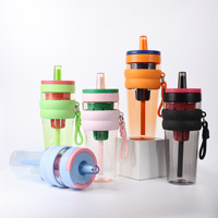 Bouteille d'eau portable en plastique incassable de 1000 ml pour sports d'été, grande capacité, avec double paille et corde