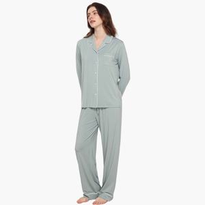 Pijamas de Algodón Modal Color Menta Personalizados al por Mayor, Ropa de Dormir de Manga Larga para Invierno, con Ribete, Conjuntos de Pijamas de Bambú - Product Image 2