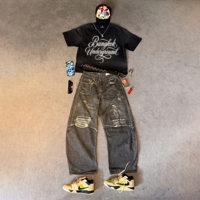 Ensemble T-shirt et jean pour homme, imprimé vintage délavé, 100% coton, streetwear oversize, hip hop, personnalisable OEM