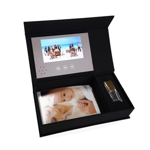 Caja de lino de lujo para álbum de fotos de 4x6 pulgadas con reproductor de vídeo, unidad USB de cristal, folletos de vídeo LCD de 5 pulgadas, tarjeta de felicitación