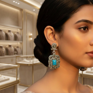 Boucles d'oreilles pendantes vintage en argent 925 avec incrustation de marcassite, forme bouclier, perle d'eau douce, cadeau de mariage pour femme, bijoux du Rajasthan - Product Image 3