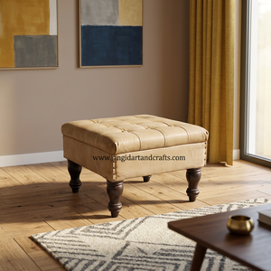 Pouf ottoman carré en bois, cuir et toile, design rustique, aspect antique, artisanat Jangid, meubles faits à la main - Product Image 2