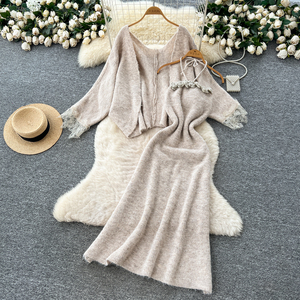 Set da donna due pezzi da donna con rifiniture in pizzo in <span class=keywords><strong>maglia</strong></span> Cardigan <span class=keywords><strong>oversize</strong></span> abito a canotta floreale 3d abito da donna 2 pezzi abito da donna - Product Image 2