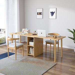 Nordic Solid Wood Double <b>Computer</b> <b>Desk</b> With Bookshelf Integrated Home Office Table For Bedroom And Study Room - Product Image 2