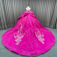 Robe de Quinceañera pour 15 ans, Robe de bal, Épaules dénudées, Appliques, Dentelle, Perles, Satin, Traîne, Décolleté cœur, Style Princesse, pour Fête
