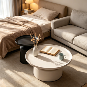 Nouvelle table basse ronde en crème avec base cylindrique intégrée, table d'appoint assortie avec plateau noir, table à thé minimaliste pour salon - Product Image 4