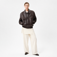 Blouson Aviateur Court en Véritable Peau de Mouton Marron Antique, Coupe Décontractée, Fermeture Éclair, Coupe-Vent, Hiver, Effet Patiné, Style Utilitaire