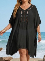 Robe de plage grande taille pour femme, en crochet ajouré, col en V, avec pompons, ample et respirante, 100 % polyester, pour maillot de bain bikini