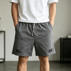 Shorts en coton délavé à l'acide pour hommes, personnalisables, avec bords bruts et broderie vintage, vente en gros - Product Image 1