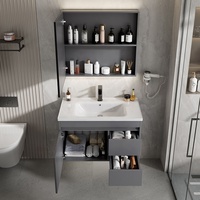 Meuble-lavabo mural gris personnalisé en gros, durable, à 3 tiroirs, avec vasque en céramique intégrée et armoire miroir LED