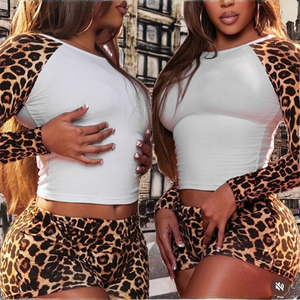 Ensemble 2 pièces imprimé léopard pour femme – Haut court à manches longues et short moulant, tenue décontractée de printemps - Product Image 2