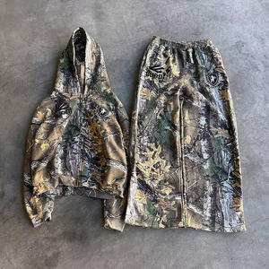 Hochleistungs-Camouflage-Print-Street-Outfit-Set mit durchgehendem Reiß verschluss Lässige, lose Jogging hose und Hoodie mit rohem Saum für den Winter - Product Image 1