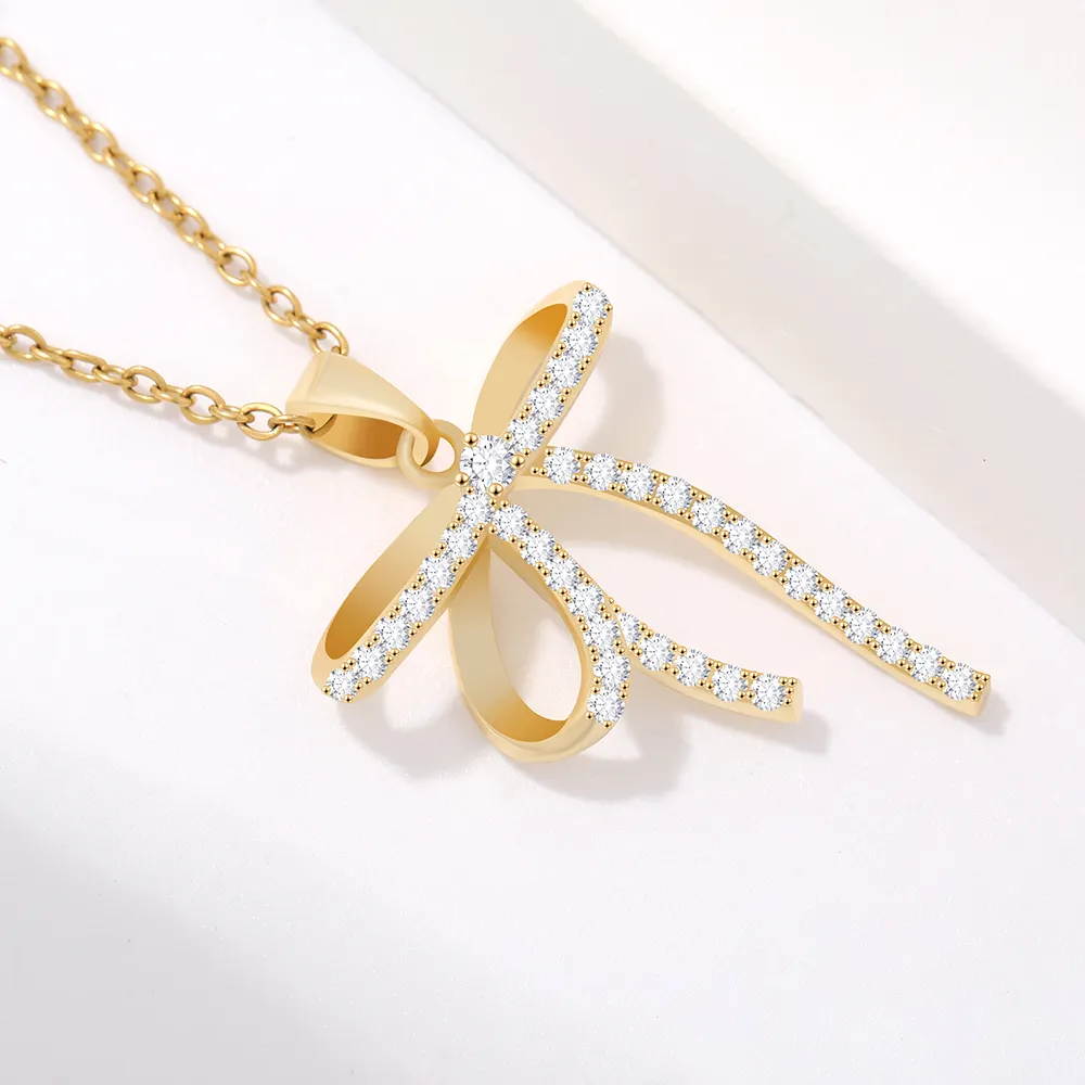 fashion stainless steel chain real gold Butterfly love knot zircon pendant necklace for women