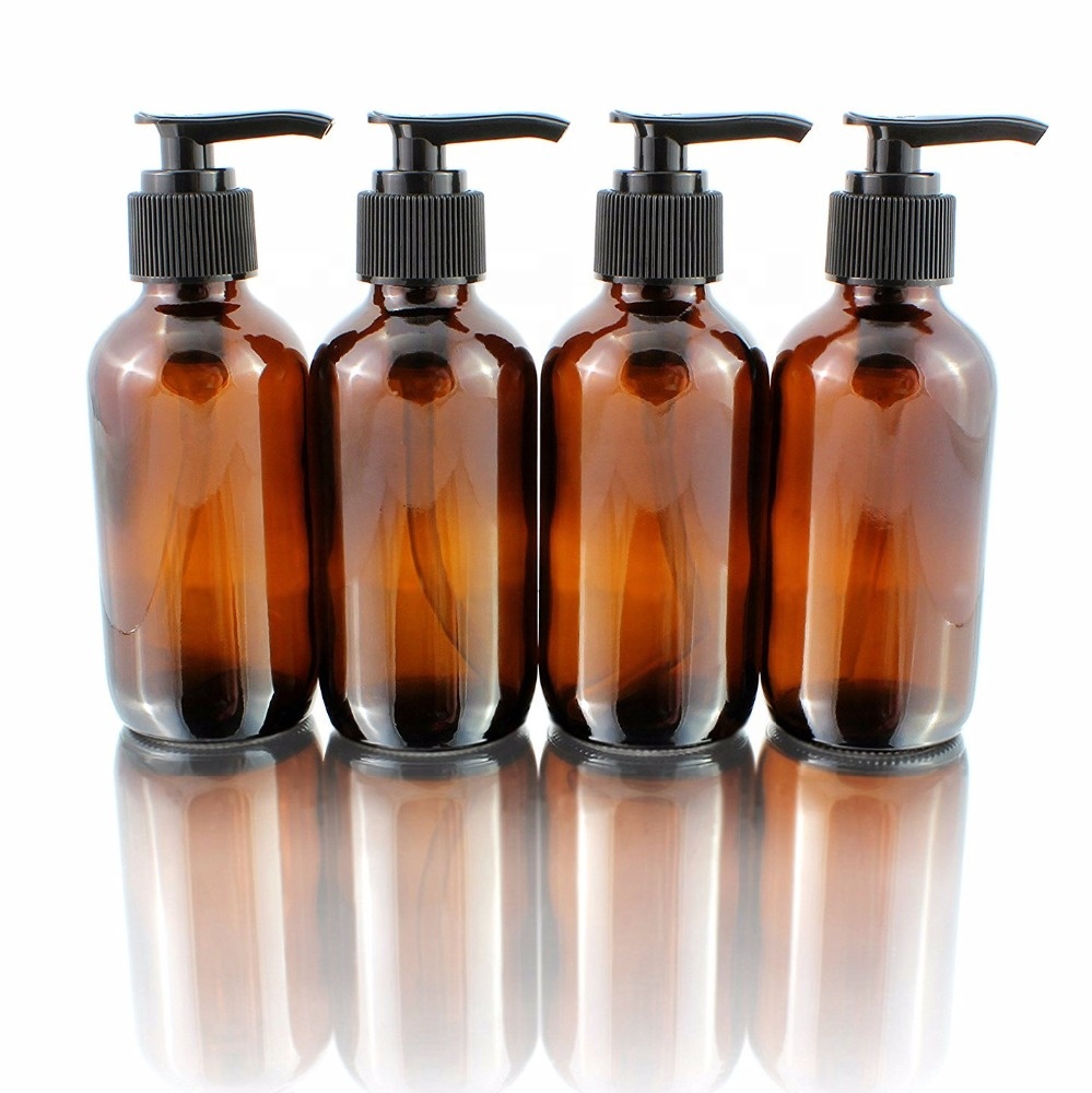 Бостонские круглые флаконы из янтарного стекла объемом 4 унции для лосьонов, пенного мыла, ароматерапии