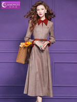 Robe chemise mi-longue élégante et raffinée pour femme, style vintage, manches longues, taille empire cintrée, collection automne FMY66441