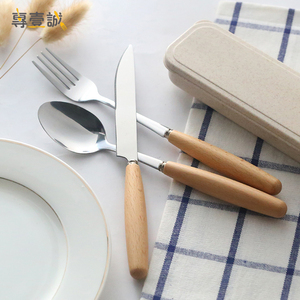 Stainless Steel Wooden Handle Spoon Fork Knife Metal <strong>Travel</strong> <strong>Cutlery</strong> <strong>Set</strong> <strong>With</strong> <strong>Case</strong> - Product Image 3