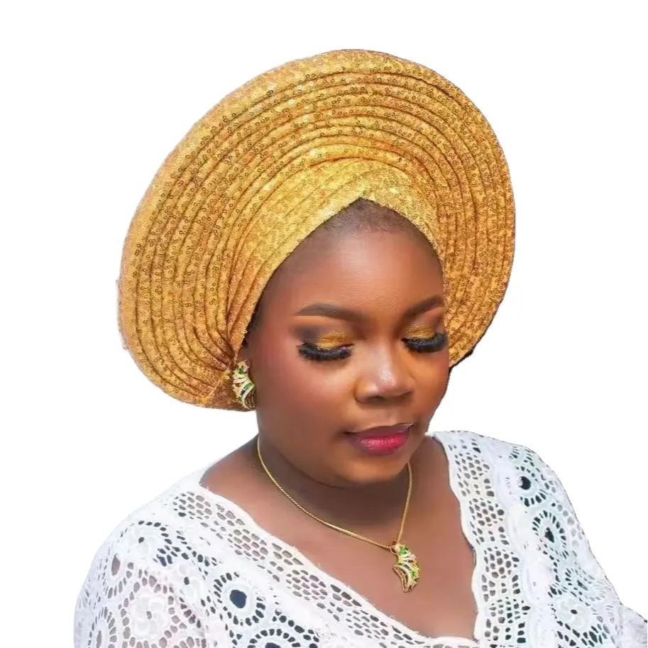 Turbante de nuevo diseño para mujer cubierto de lentejuelas Auto Gele Headties Nigerian African Aso Oke African Gele Headtie para mujer Ropa de fiesta