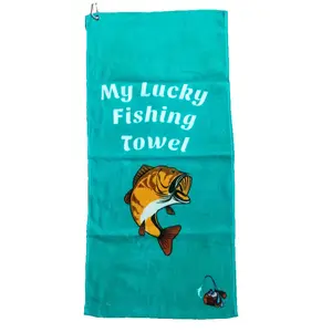 Hot Selling Custom Logo Cotton Sports Fish Golf towel With Metal Grommet Hook