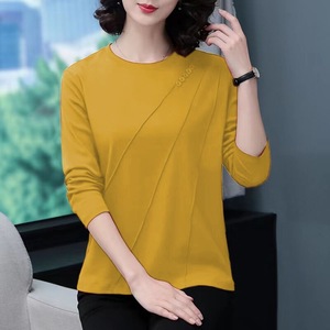 Women's Long Sleeve T-Shirt Yellow Round Neck Loose Fit Autumn Spring Base <b>Layer</b> <b>Top</b> For Mothers - Product Image 1