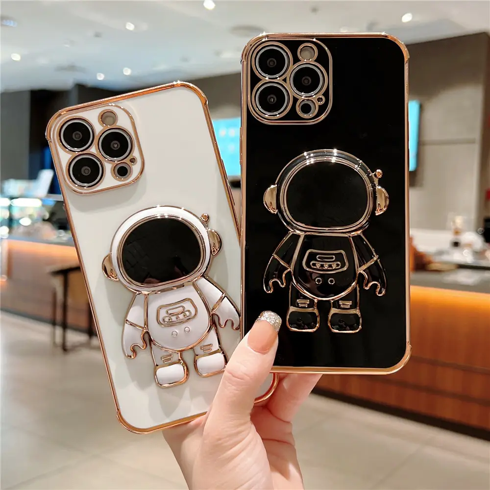 Plating Phone Case With 3D Astronaut Folding Stand Holder for iPhone 13 12 11 Pro Max XS Max XR X 7 8 Plus