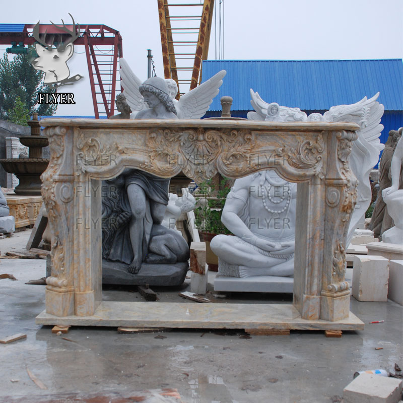 Индивидуальное украшение для дома, ручная резьба, цветок, золотой мраморный камин, натуральный мраморный камин золотого цвета