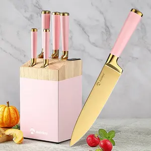 Conjunto de faca dourada, 6 peças, aço inoxidável, facas serrilhadas, bife com alça rosa