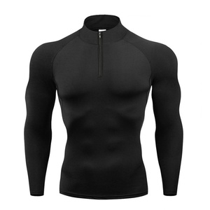 Camiseta de manga larga para <span class=keywords><strong>hombre</strong></span> Europeo Americano, informal, sólida, para correr, deportes, Otoño, cuello levantado, cremallera, mono elástico - Product Image 6