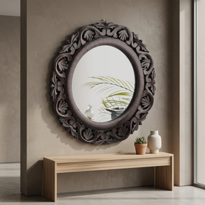 Hand Carved Modern Space-Saving Round Glass Wall <b>Mirror</b> Frame - Product Image 3