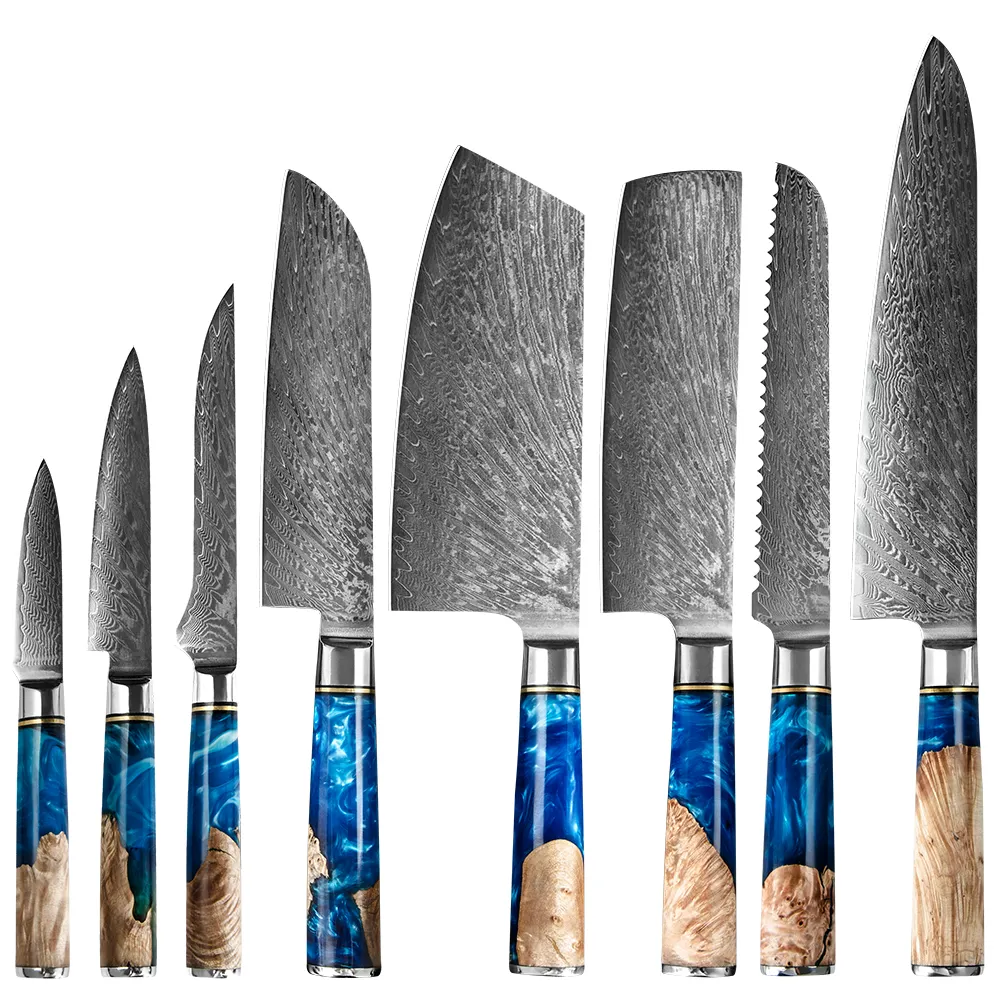 OooBee Cutelo de desossa de chef Damasco de aço carbono direto da fábrica 67 camadas 8 peças facas de cozinha VG10 Conjunto de facas japonesas Damasco