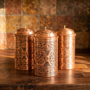 Handcrafted Copper <b>Spice</b> <b>Jar</b> With Oriental Engraving Airtight Lid Cylinder Shape Kitchen Storage Container - Product Image 5