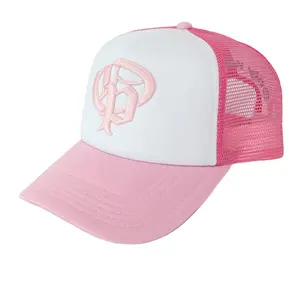 Maßge schneiderte 5 Panels Soft Front Foam Polyester Trucker Hut mit Stickerei Logo Rosa Farbe für Damen Jugend Mädchen Kappen Sport Hüte