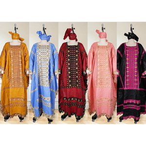 Robes longues brodées H&D FY02 African <span class=keywords><strong>Bazin</strong></span> Riche pour femmes, taille unique, <span class=keywords><strong>robe</strong></span> rouge avec foulard - Product Image 4
