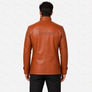 Blazer homme en cuir véritable, col mandarin, coupe ajustée, marron, simple boutonnage, logo sur le devant - Product Image 4