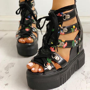 Sandales à fleurs tendance, sandales ethniques décontractées à bout ouvert, sandales <span class=keywords><strong>compensées</strong></span> pour <span class=keywords><strong>femmes</strong></span>, <span class=keywords><strong>chaussures</strong></span> décontractées à talons hauts pour <span class=keywords><strong>femmes</strong></span> - Product Image 3