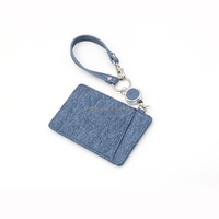 Porte-cartes rétractable en cuir PU bleu denim avec logo personnalisé Yoyo Reel et cordon de poignet