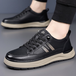 FHOEW Men's Round Toe Genuine <b>Leather</b> Cow <b>Leather</b> Walking Shoes Breathable Solid Color Casual <b>Sneakers</b> for Daily Wear - Product Image 3