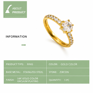 Bague solitaire ronde en zircon en acier inoxydable avec bande pavée, disponible en or et en argent - Product Image 2