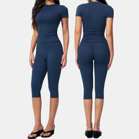 Set Yoga Kontrol Perut Wanita, Atasan Crop Top V-Neck Lengan Pendek, Celana Capri Pinggang Tinggi Pembentuk Tubuh, Celana Kaki Lebar, Bahan Stretch 4 Arah