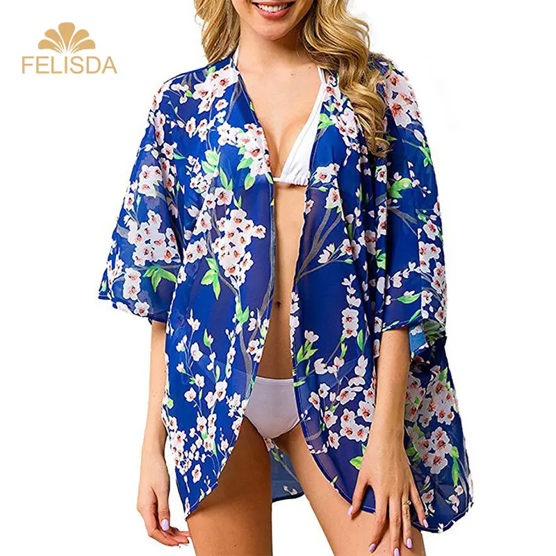 2021 Summer Chiffon Floral Kimono Female Sheer Beach Boho Cardigan Cover Up Swimwear Long Blouse Shirts Women Tops